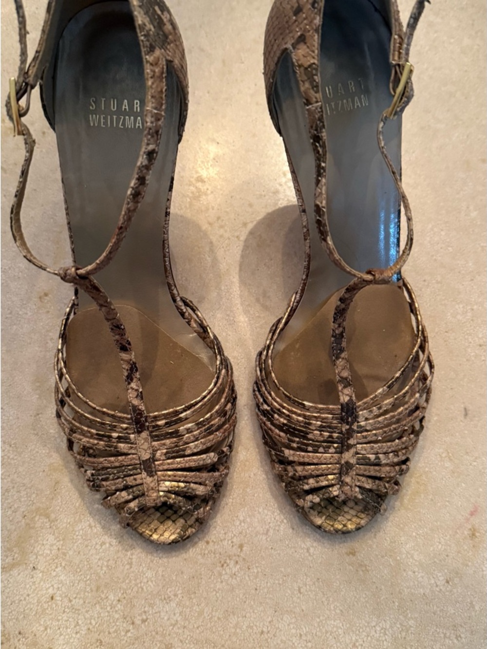 Stuart Weitzman Taupe Snakeskin T-Strap Heels